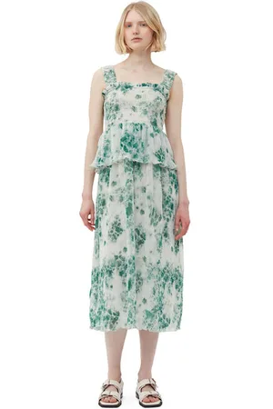 Ganni Pleated Georgette Smock Midi Dress in Egret Size 12 Polyester Women