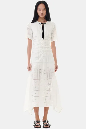Ganni Broderie Anglaise Long Dress in Egret Size 12 Organic Cotton Women