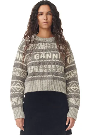 Ganni Grey Lambswool Cropped O-neck Pullover Sweater in Size 2XS Women