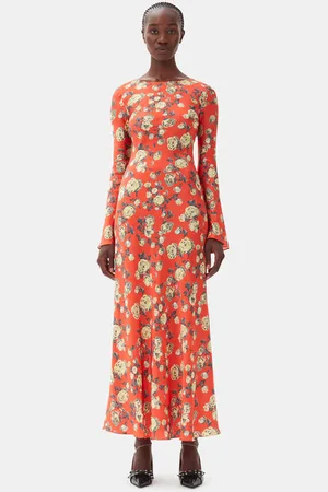 Ganni Orange Floral Printed Satin Maxi Dress in Size 4 Spandex/Viscose Women