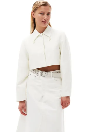 Ganni Long Sleeve Slub Linen Cropped Blazer Jacket in Egret Size 4 LENZING ECOVERO/Linen/Polyester Women