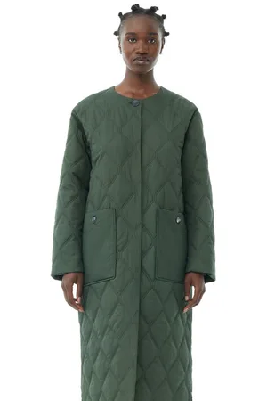 Ganni Green Quilt Long Coat in Size Small/Medium Polyamide Women