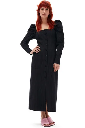 Ganni Long Sleeve Stretch Striped Fitted Midi Dress Size 24 Women