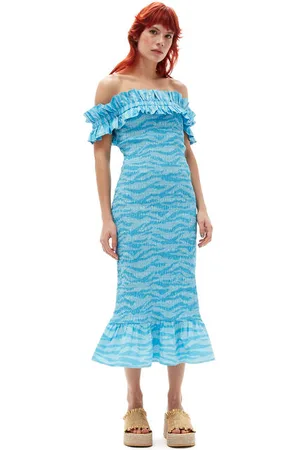 Ganni Short Sleeve/Sleeveless Printed Cotton Off-shoulder Smock Midi Dress Size 6 Women
