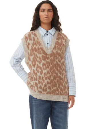 Ganni Sleeveless Leopard Jacquard Oversized Vest in Size 2XS/XS Alpaca/Polyamide/Wool Women