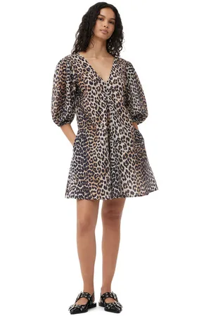 Ganni Short Sleeve Silk V-neck Mini Dress Size 6 Cotton/Silk Women