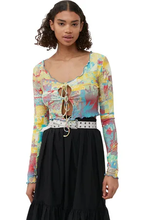 Ganni Long Sleeve Printed Rib Jersey Cropped Blouse Size 12 Elastane/Lyocell Women
