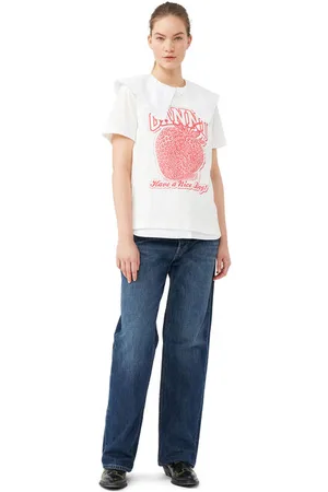 Ganni Short Sleeve Strawberry Relaxed T-shirt in Egret Size 2XS Organic Cotton Women