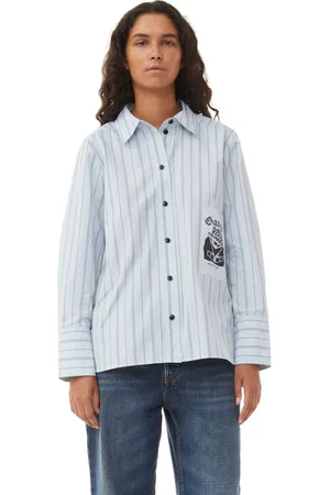 Ganni Long Sleeve Re-cut Striped Cotton Shirt in Heather Size 10 Women