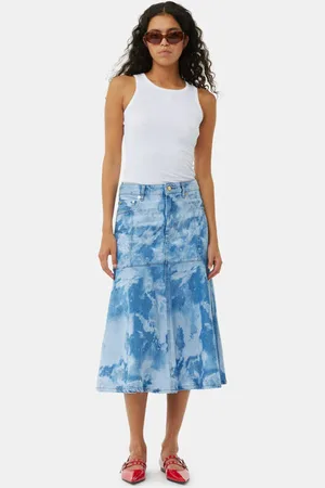 Ganni Blue Bleach Denim Flounce Midi Skirt in Size 4 Organic Cotton Women