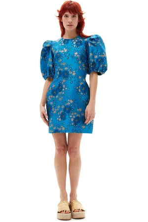 Ganni Short Sleeve 3D Jacquard Open Back Mini Dress Size 14 Elastane/Metallic/Polyester Women