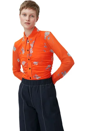 Ganni Long Sleeve Orange Printed Mesh Ruched Shirt in Size 4 Women