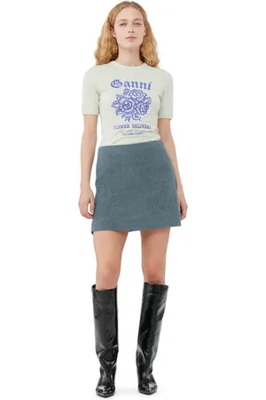 Ganni Short Sleeve Fitted Flower T-shirt in Sea Foam Size 2XS Organic Cotton Women