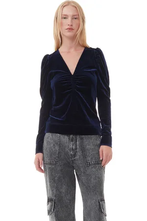 Ganni Long Sleeve Blue Velvet Jersey V-neck Blouse in Total Eclipse Size 10 Women