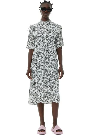 Ganni Floral Viscose Twill Oversized Shirt Dress in Egret Size 8 Ecovero Viscose Women