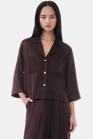 Ganni Washed Satin Crop Shirt in Mole Size 6 Women