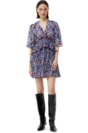 Ganni Multicolour Pleated Georgette V-neck Flounce Mini Dress Size 4 Polyester Women