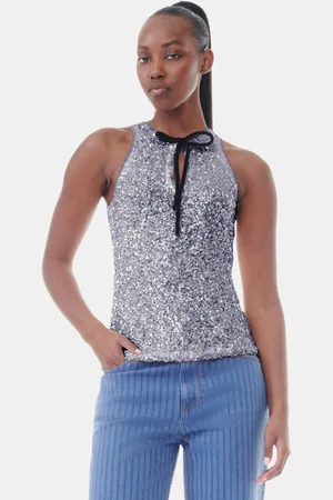 Ganni Silver 3D Sequins Top in Folkstone Gray Size 14 Women