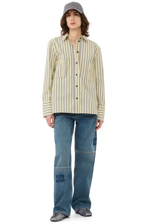 Ganni Long Sleeve Striped Cotton Shirt in Frost Gray Size 8 Women