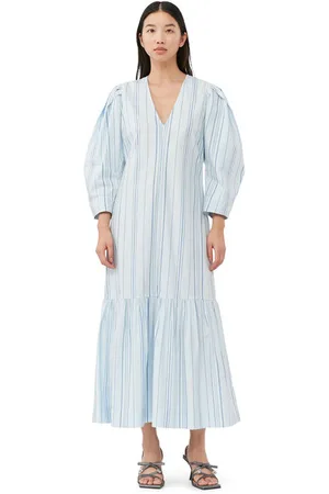 Ganni 3/4 Sleeve Striped Twill V-neck Maxi Dress Size 6 Organic Cotton Women