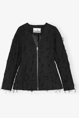 Ganni Fringed Tweed Blazer Jacket in Size 14 Women