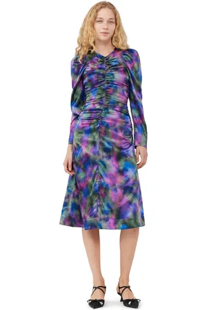 Ganni Long Sleeve Purple Silk Satin O-Neck Midi Dress Size 8 Women