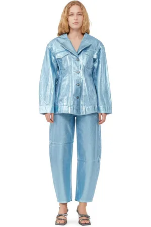 Ganni Long Sleeve Foil Denim Fitted Blazer Jacket in Heather Size 6 Organic Cotton Women