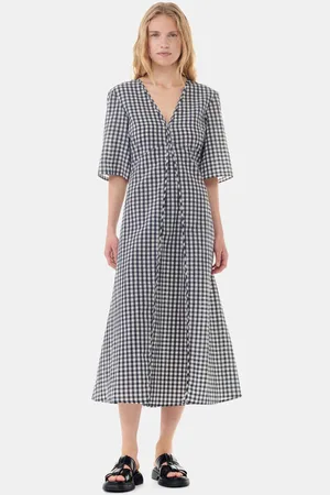 Ganni Seersucker Check V-neck Long Dress in Egret Size 6 Women
