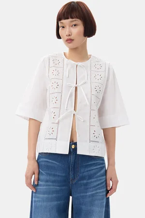 Ganni Broderie Anglaise Tie Blouse in Bright Size 4 Organic Cotton Women
