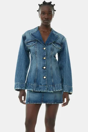 Ganni Sparkle Logo Denim Fitted Blazer Jacket in Size 4 Organic Cotton Women