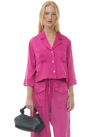 Ganni Washed Satin Crop Shirt in Fuchsia Red Size 6 Women