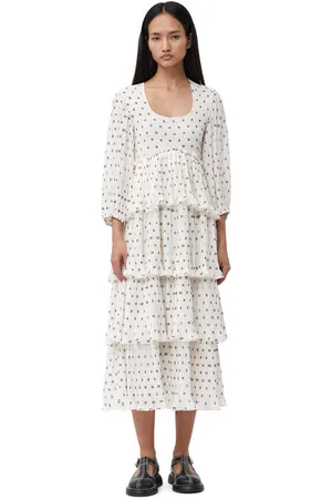 Ganni Pleated Georgette Flounce Smock Midi Dress in Egret Size 8 Polyester Women