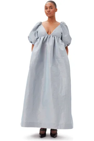 Ganni Light Blue Shiny Taffeta Long Dress in Size 12 Polyester Women