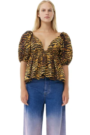Ganni Animal Printed Cotton Blouse in Size 6 Women