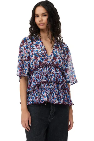 Ganni Multicolour Pleated Georgette V-neck Flounce Blouse Size 6 Polyester Women