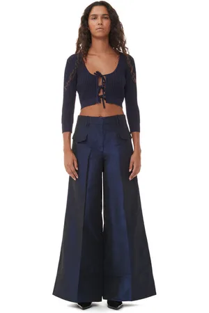 Ganni Blue Shiny Taffeta Wide High-Waisted Trousers in Size 36 Polyester Women