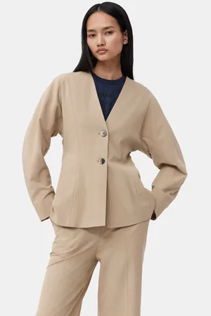 Ganni Beige Fitted Drapey Melange Blazer Jacket in Size 18 Women