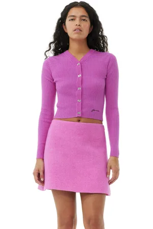 Ganni Pink Mini Ribbed Merino Cardigan in Size 2XS Merino Wool Women