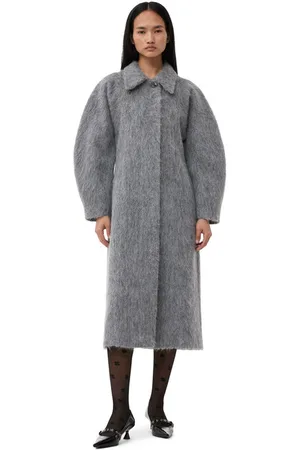 Ganni Grey Fluffy Wool Curved Sleeves Coat in Frost Gray Size 10 Women