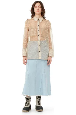 Ganni Long Sleeve Printed Organza Shirt in Oyster Gray Size 6 Polyester Women