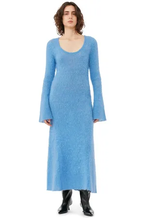 Ganni Long Sleeve Blue Brushed Mohair Rib Maxi Dress Size Large Mohair/Nylon/Wool Women