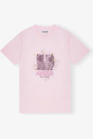 Ganni Pink Kittens T-shirt in Size 2XS Organic Cotton Women