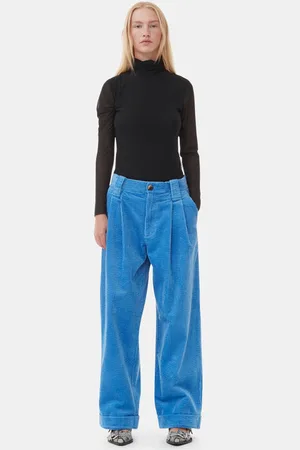 Ganni Blue Corduroy Loose Pleat Trousers in Size 36 Women