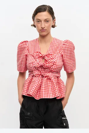 Ganni Red Crinkled Check Taffeta Blouse in Size 10 Polyester Women