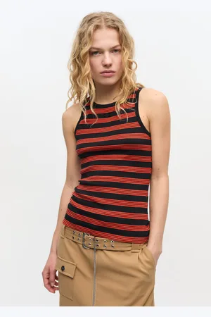 Ganni Red Striped Soft Cotton Rib Tank Top in Size Small Women