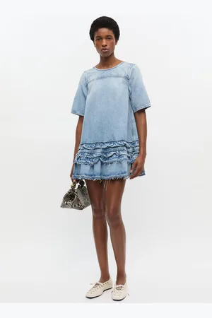 Ganni Light Blue Denim Frill Mini Dress Size 20 Lyocell/Organic Cotton/Tencel Women