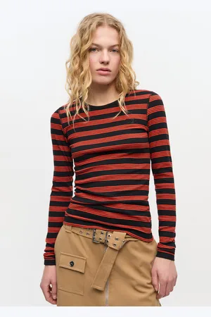 Ganni Red Striped Soft Cotton Rib Long Sleeve T-shirt in Size 2XS Women
