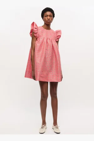 Ganni Red Crinkled Check Taffeta Dress Size 12 Polyester Women