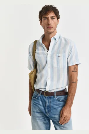 GANT Miehet Regular fit ‑mitoitettu raidallinen lyhythihainen puuvilla-pellavapaita (S)
