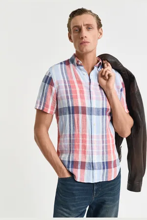 GANT Miehet Lyhythihainen regular fit ‑mitoitettu, madrasruutuinen pellavapaita (S)
